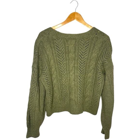 Pink Rose Olive Green Cropped Knit Cardigan Women’s Size Large Boho Cottagecore - Picture 2 of 4